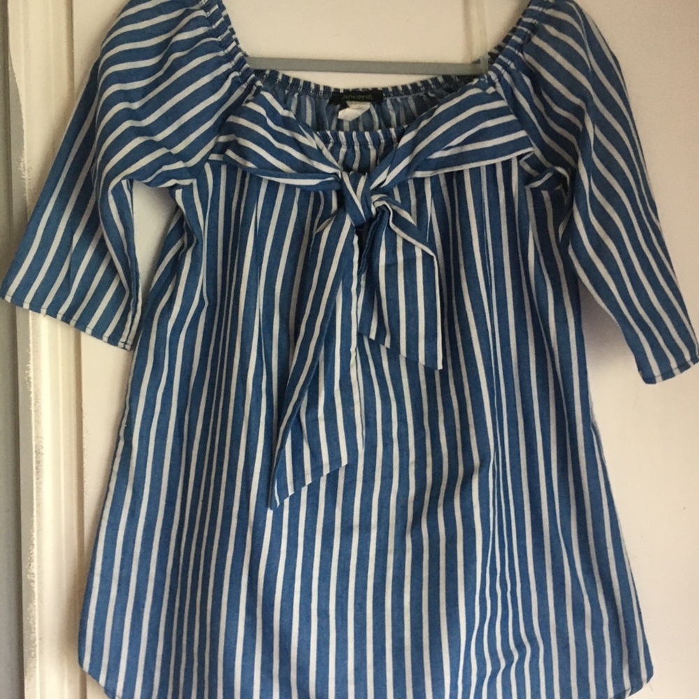 Blue /white off the shoulder top with bow detail..